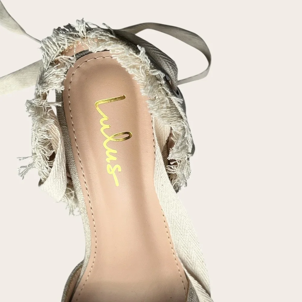 Lulus Elsinore Linen Lace-Up Espadrille Wedges Beige Closed‎ Toe 7.5 NWOT